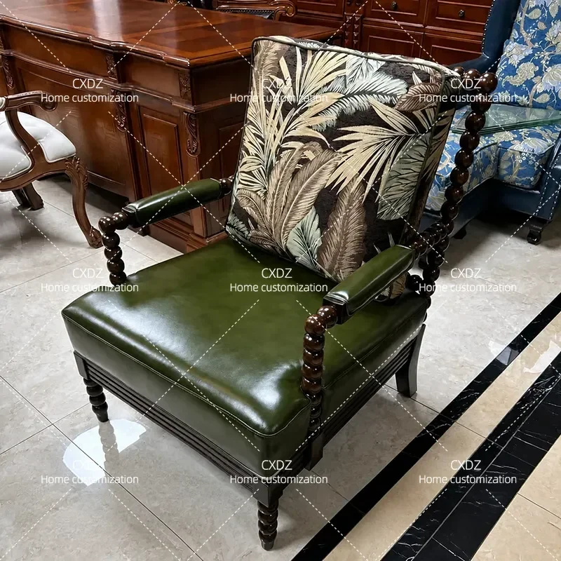 American Solid Wood Leisure Chair Leather Pearl Backrest Fabric Sofa Neoclassical Lazy Armchair with Bead Detailing for