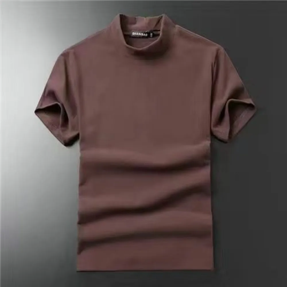 Summer High Neck Solid Color New Men\'s Fashion Turtleneck T-Shirts Casual Slim Solid Color Short Sleeves Tops  Oversize T-shirt