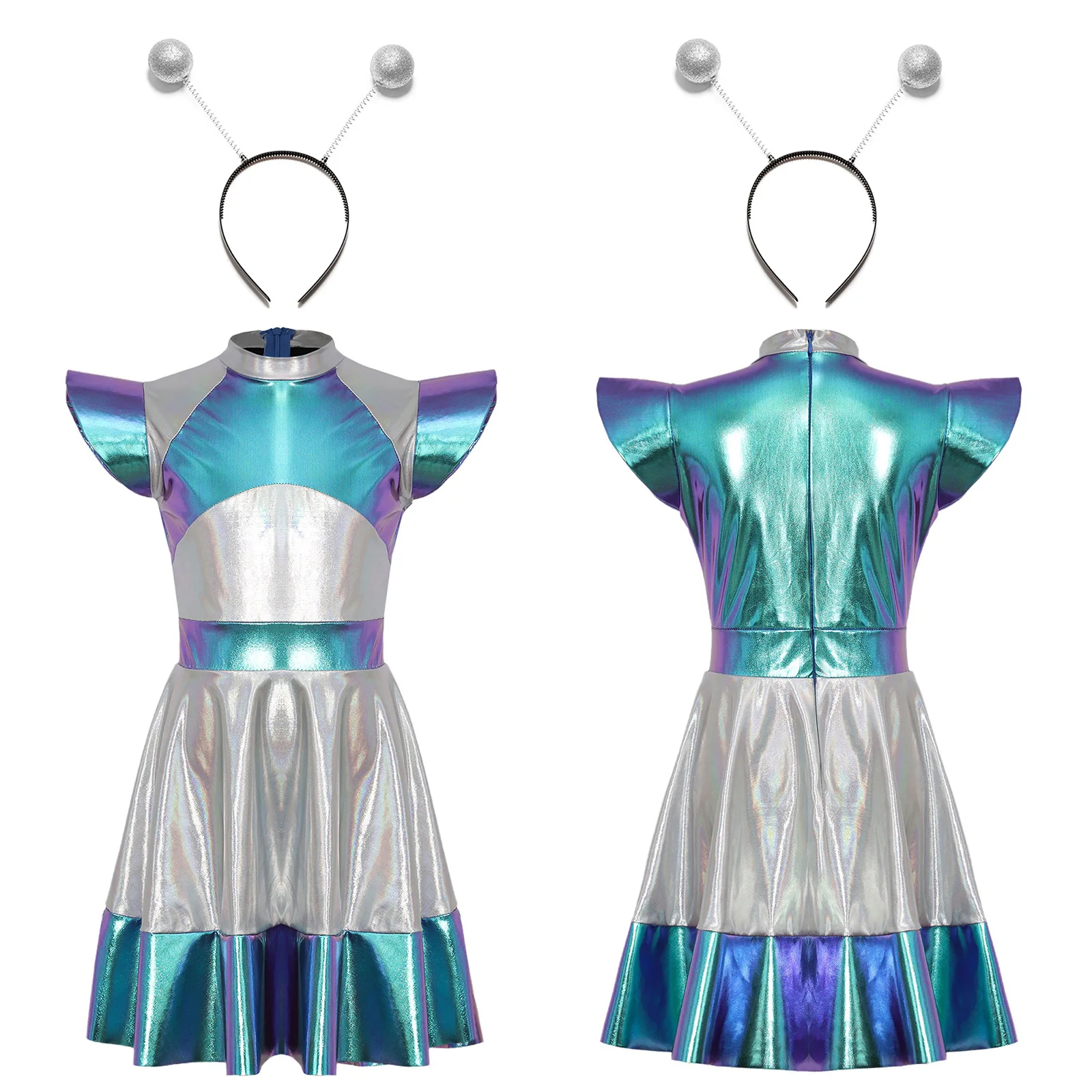 Metallic Shiny Alien Outerspace Costume for Kids Girls Halloween Future World Cosplay Holographic Fling Sleeve Tutu Dance Dress