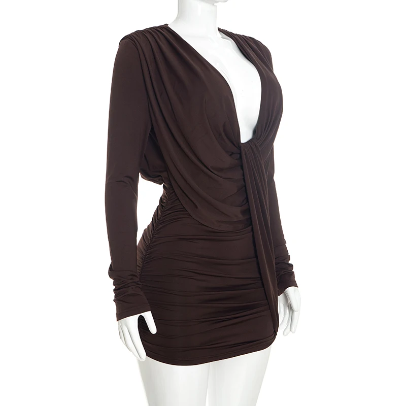 Modisches, einfarbiges, lässiges, tief ausgeschnittenes, langärmeliges, plissiertes, schmales Minikleid – Detail 12