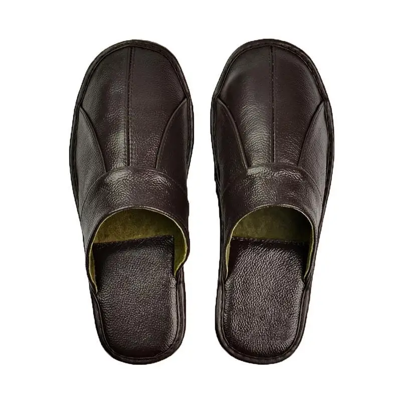 Zapatillas de casa de cuero de vaca para hombre, zapatos planos hechos a mano, cómodos, suaves, sin cordones, color negro y marrón, para interiores