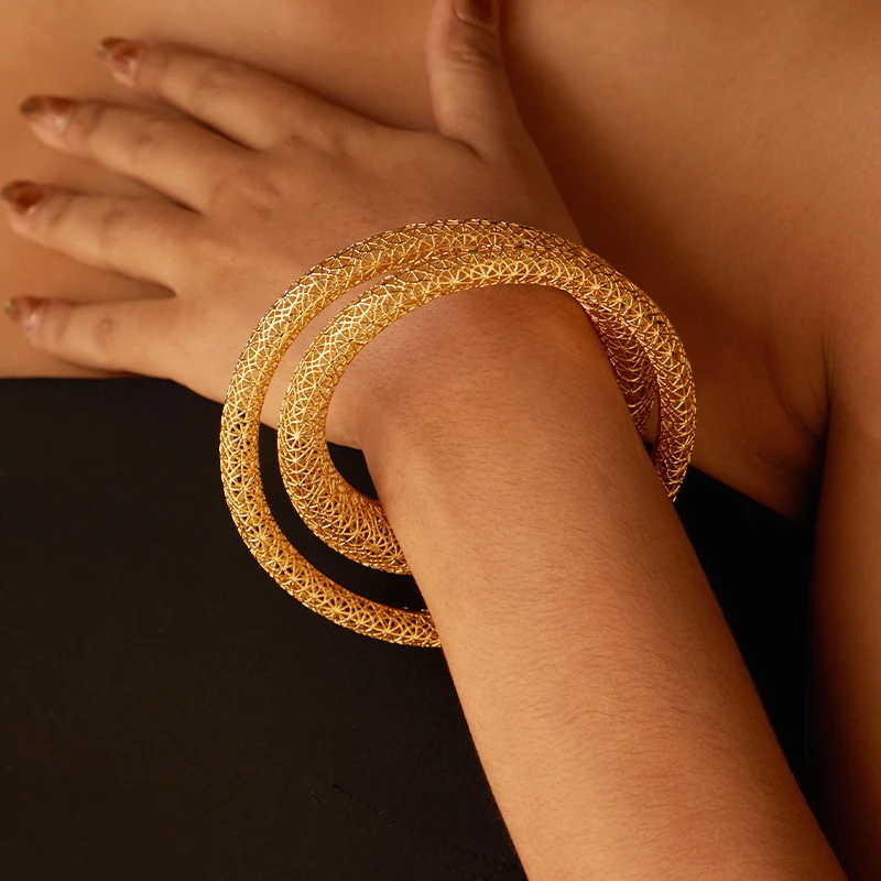 IVOG Double Layer Hollow Filigree Brass Bangle Set for Women 65mm Mesh Round Bracelets Trendy Jewelry Daily Wear Party Gift