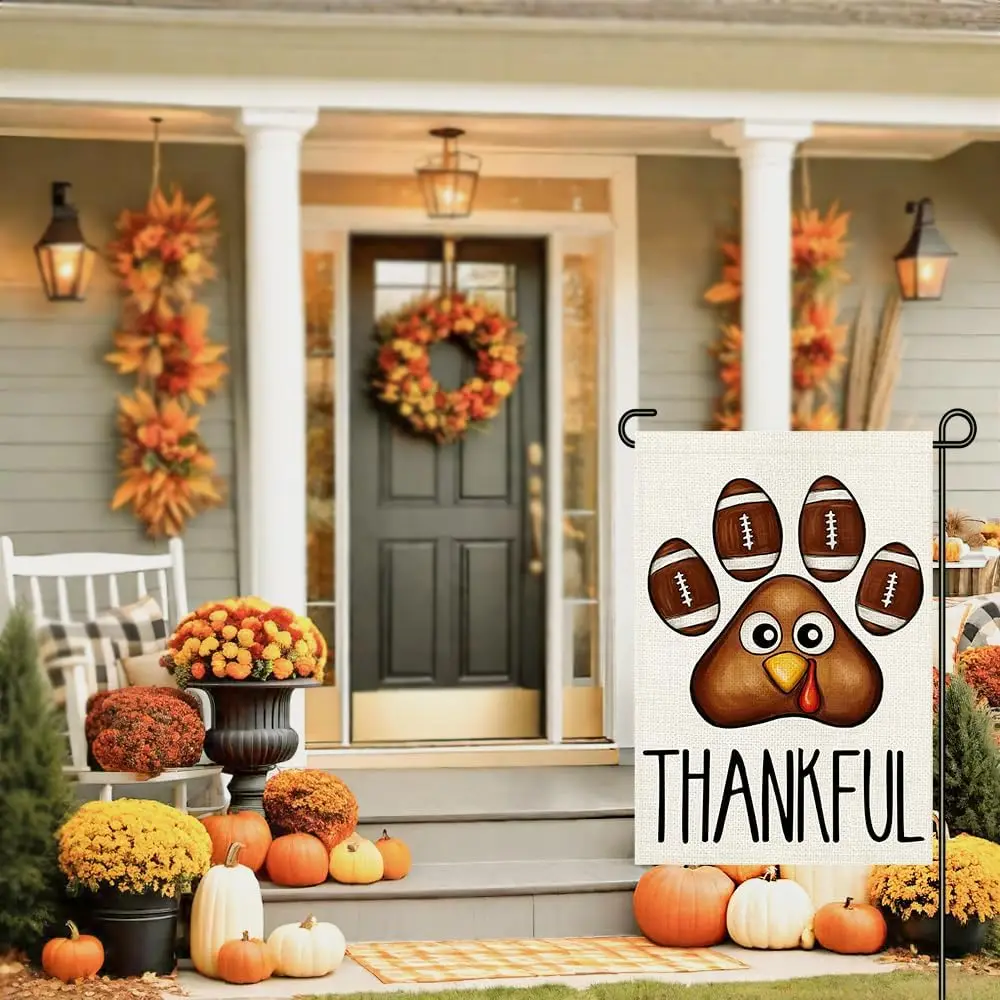 Thanksgiving Fall Garden Flag 12x18 Inch Double Sided Burlap, Paw Print Turkey Autumn Sign Small Flags Farmhouse Yard Outdoo UUN