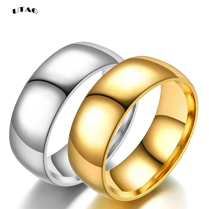 UTAG Simple 8mm Stainless Steel Wedding Rings Golden Smooth Women Men Couple Ring Fashion Jewelry