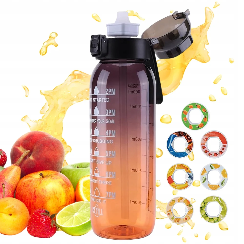 Bouteille d'eau de 1000 ml avec 7 parfums différents, bague parfumée, design anti-fuite à large ouverture avec paille, idéale pour l'école, le bureau et la maison