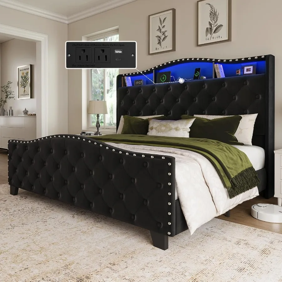 Platform Bed Frame with 50.9 LED Headboard for modern bedroom, steel construction, matte black finish, integrated ambient light
