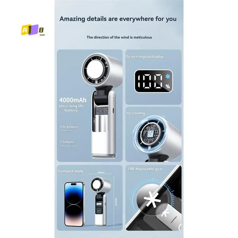 

A08F-Портативный ручной вентилятор с зарядкой через USB, регулируемая скорость, вентилятор с цифровым дисплеем, складной дизайн, высокоскоростной вентилятор с ночником