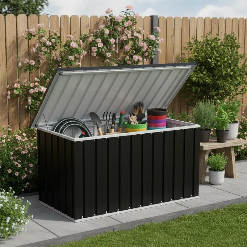 Tuinberging antraciet 129x67x65 cm gegalvaniseerd staal waterdicht buiten 0,38 m³ voor kussens en tuingereedschap