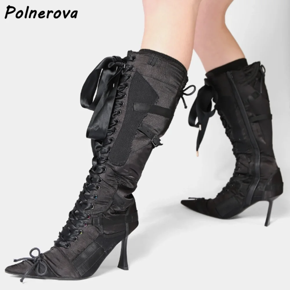 Botas con nudo de mariposa para mujer, zapatos de invierno plisados con cordones y tacones finos con punta puntiaguda, elegantes hasta la rodilla, color negro