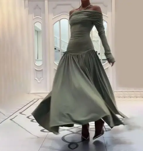 

French Dress Woman 2025 Autumn Women's Clothing Sexy One Shoulder Sexy Knitted Long Sleeved Dress, Low Waist Pleated Long Dress