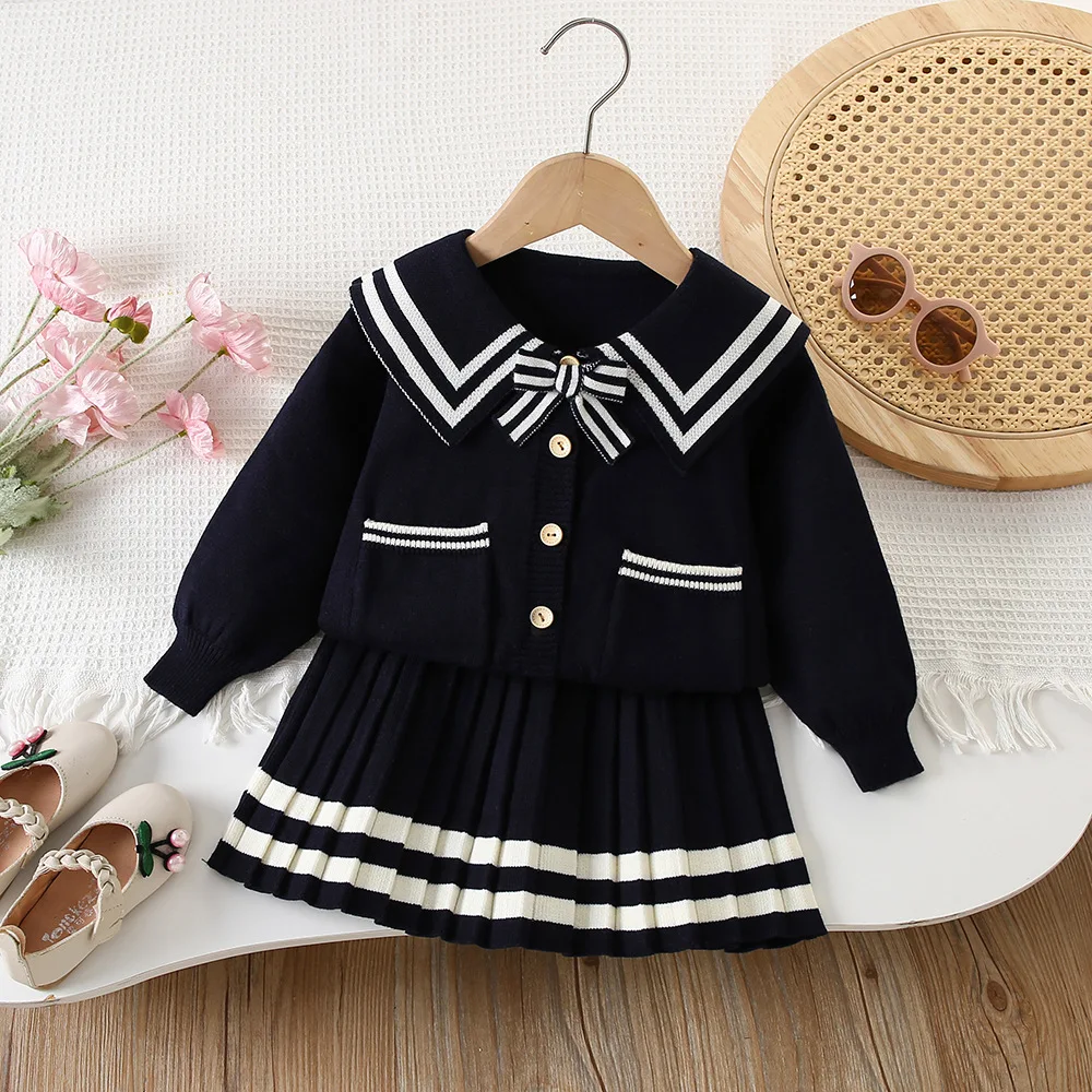 Girls Dress Clothes Sets Autumn Winter Children Woolen Jersey Sweaters Coats Skirts Kids School Costume Suit Knitted Outfits 6Y