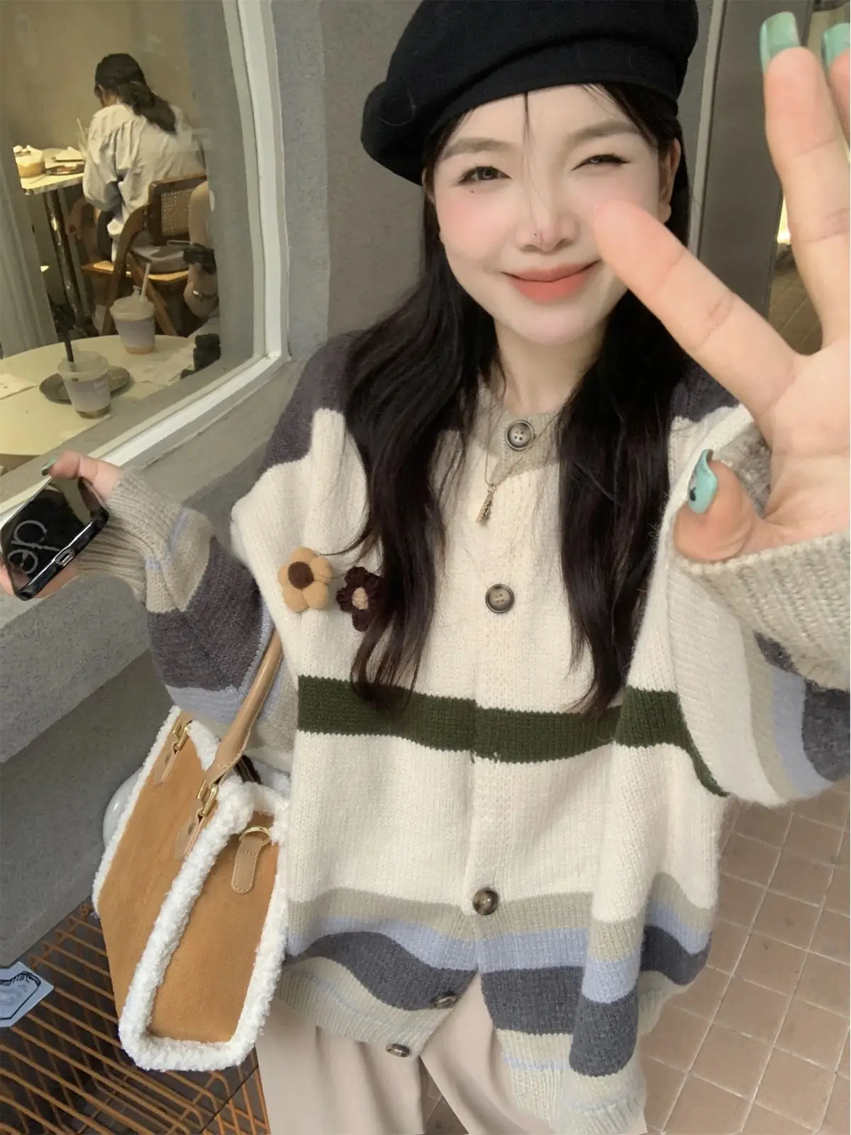 Korean Style Personalized Contrasting Striped Sweater Women Autumn Winter 2024 New Retro Lazy Style Top Knitted Cardigan Jacket