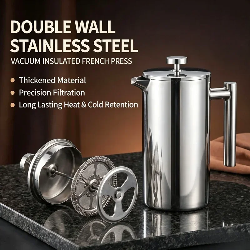 Double Wall Insulated Stainless Steel French Press Coffee Pot 350ml 800ml 1000ml Hand Brew Filter Maker