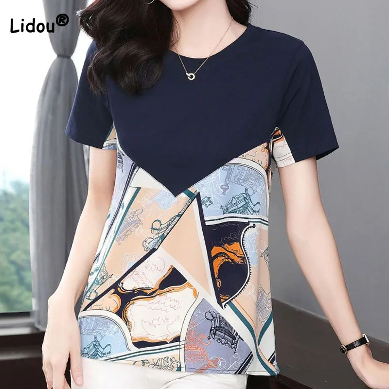 

Fashion Casual Printed Spliced Short Sleeve T-shirt Women's Clothing Summer All-match Vintage Round Neck Pullovers Tops Female