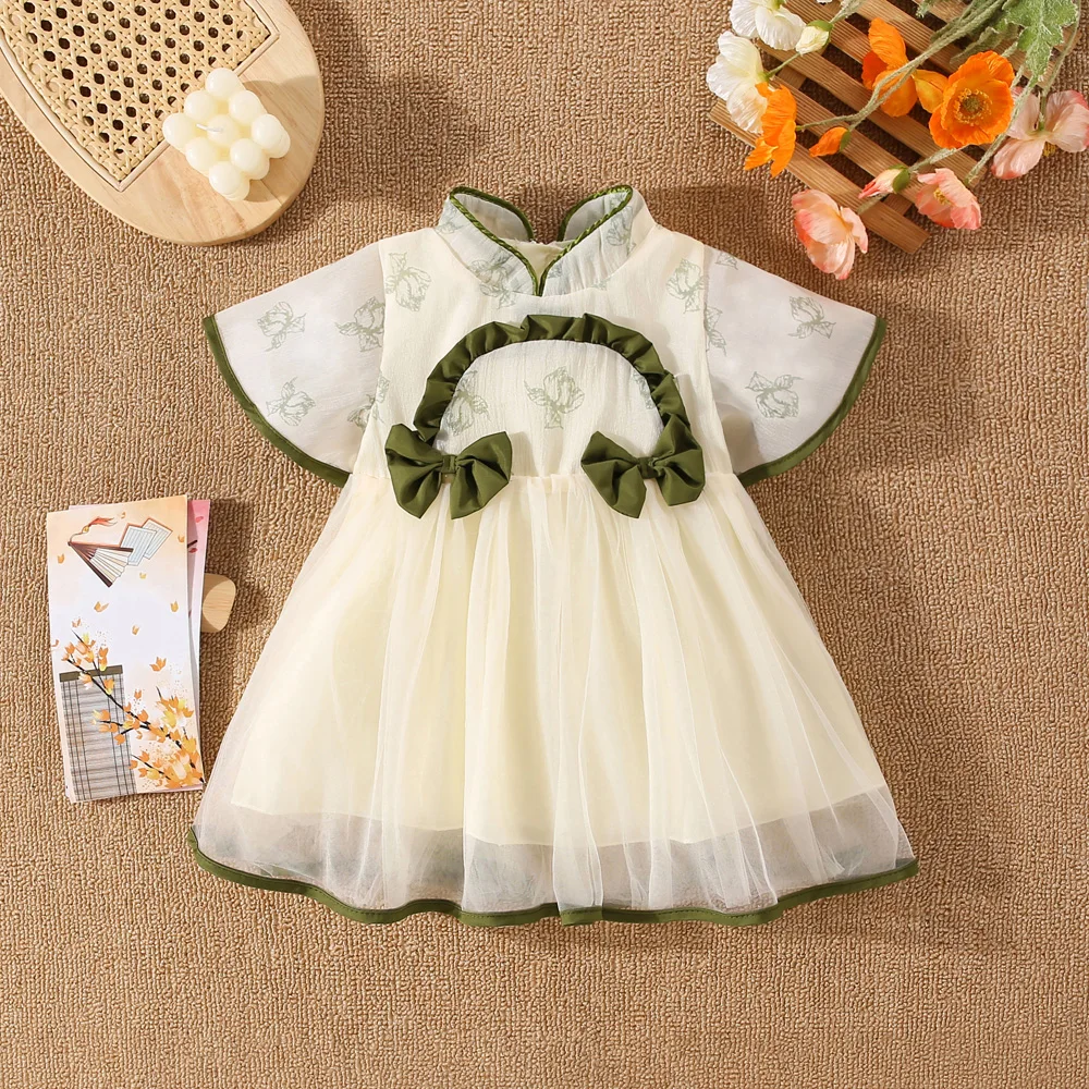 (0-3 Years Old) Summer Baby Girl Cotton Play Mesh Bow Chinese Style Dress Girl Cute Flower Short Sleeved Hanfu Dress