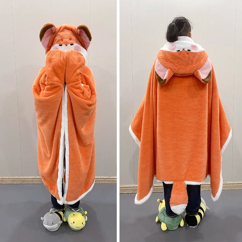 Lovely Fox Plush Soft Cloak Fox Cape Cartoon Cloak Coral Fleece Air Blankets Birthday Valentine Gifts Girl Heart Kids Gift