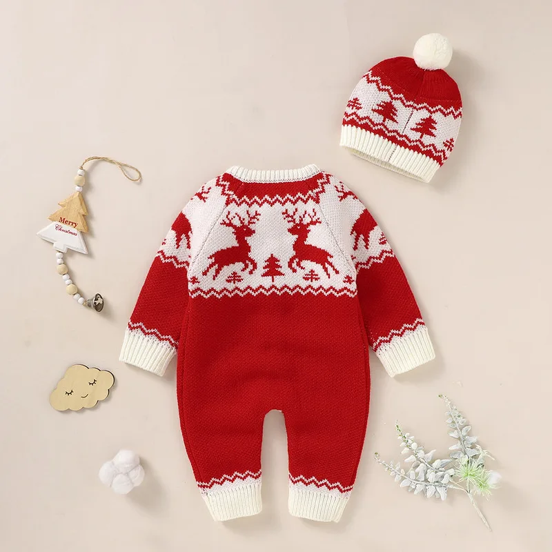 0 to 18 Months Christmas Baby Girl Boy Sweaters Rompers Casual Long Sleeve with Hat Fawn Knitted Single-breasted Jumpsuit