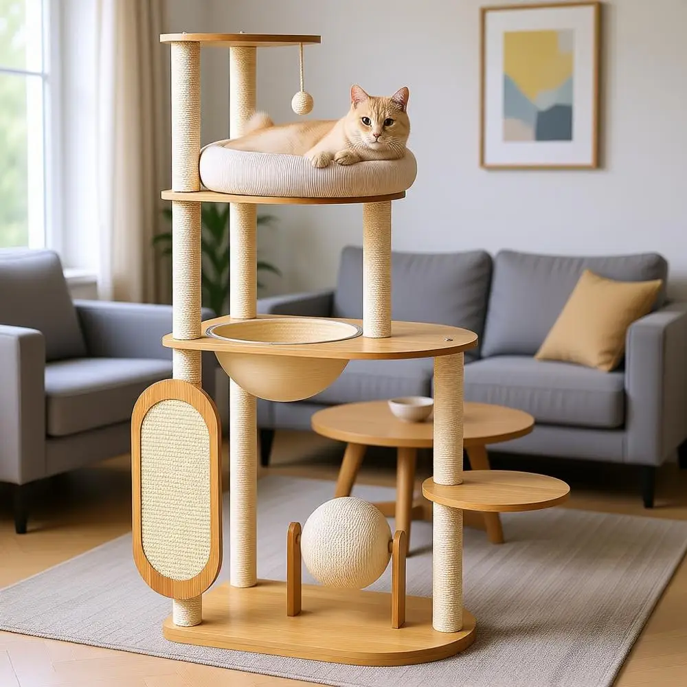 

Современный кошачий дерево-башня с лежанкой, из массива каучукового дерева, для домашних кошек, с хлопковым домиком, в виде космической капсулы, с мячиком для когтетрещения и...