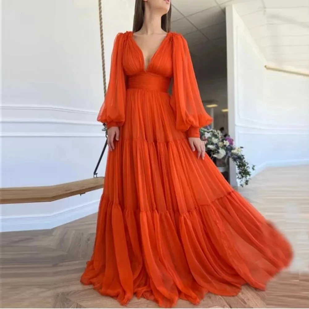 

Angelsbridep New Vivid Orange Tulle A Line Evening Dresses Deep Cleavage Puff Sleeves Prom Gowns Special Occasion Dress HOT