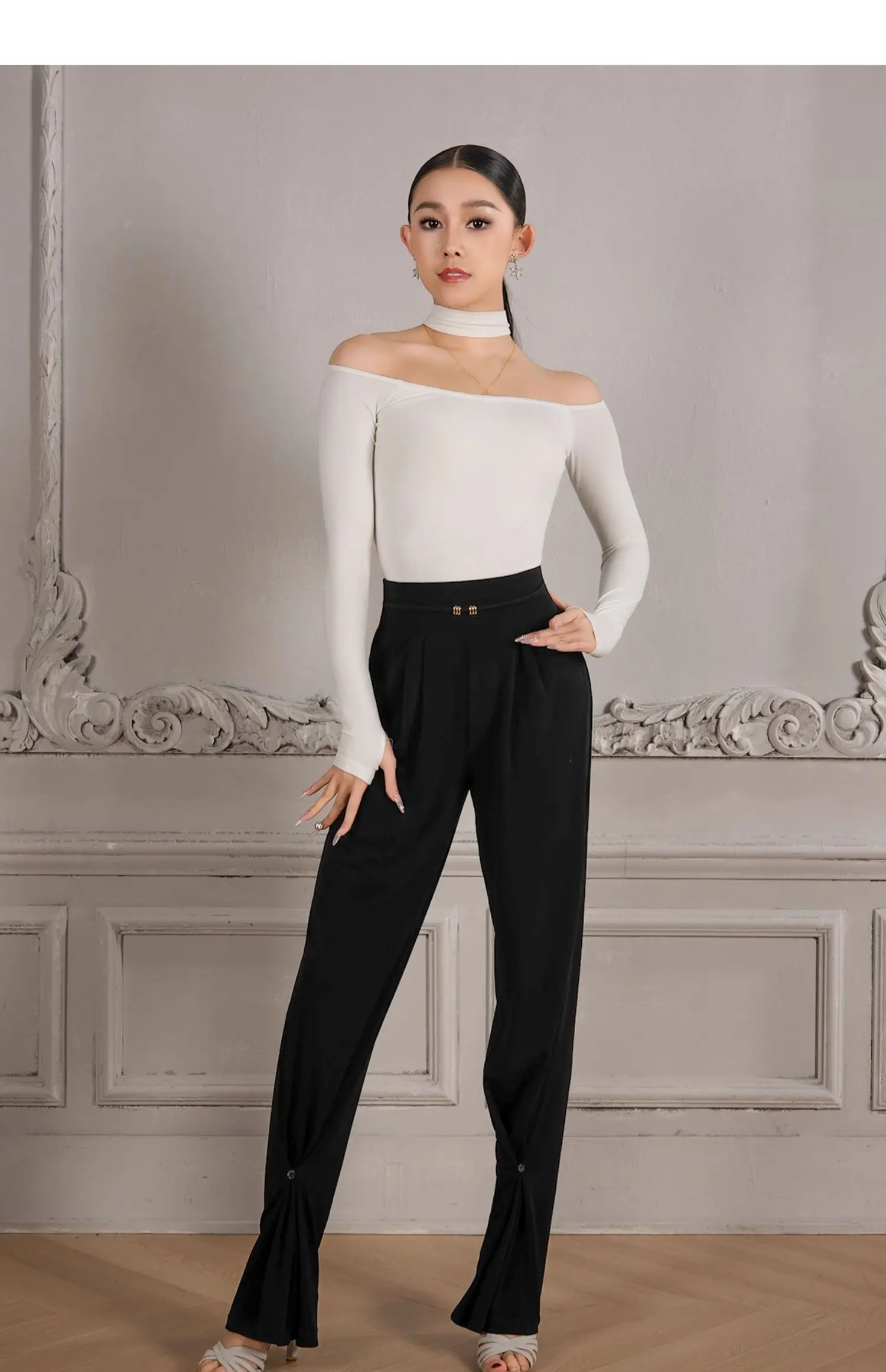 여성을위한 새로운 라틴 댄스 세트 섹시한 오프 숄더 긴팔 탑 + 하이 웨이스트 슬리밍 바지 2pcs 성인 라틴 연습 옷