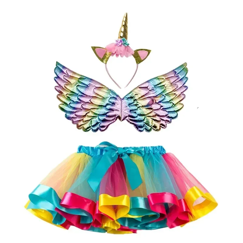 Girl Unicorn Birthday Party Skirts Baby Girls Rainbow Tulle Skirts+Wing+Unicorn Headband Miniskirt Sets Princess Cosplay Costume