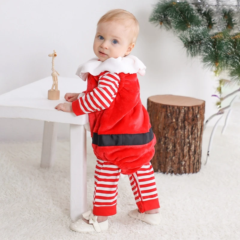 Weihnachtskostüm-Set für Kleinkinder, festlicher gestreifter Strampler mit Plüsch-Overall und Weihnachtsmütze für Babys und Kleinkinder