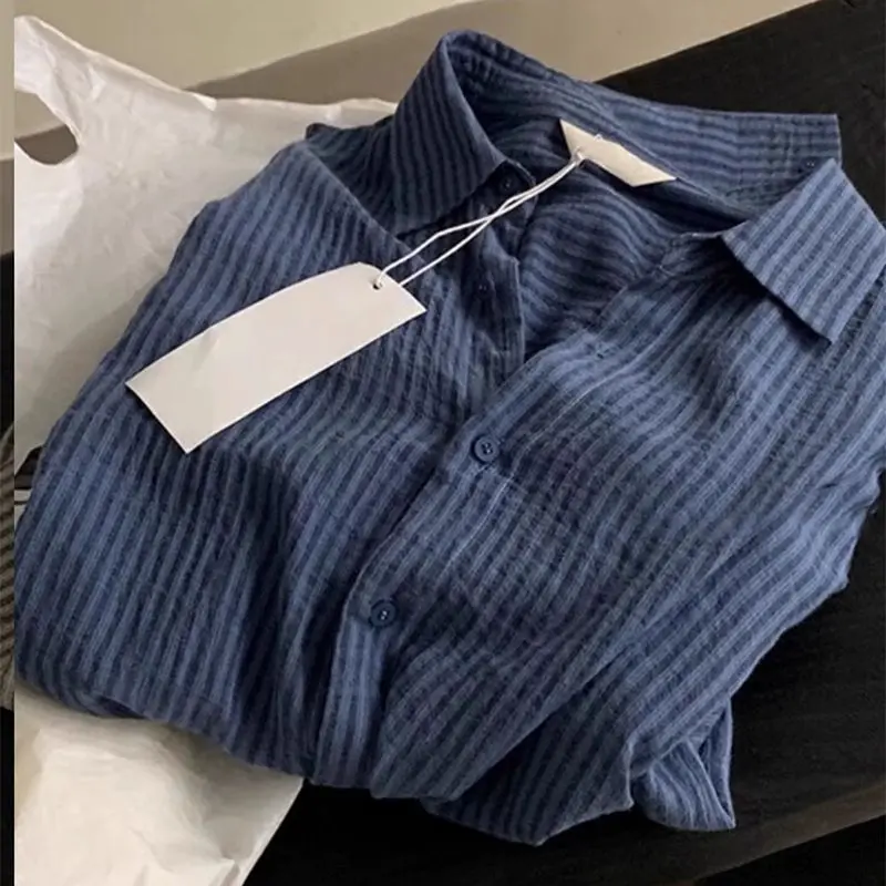 

Мужская полосатая рубашка свободного кроя с длинным рукавом, осенне-зимняя, больших размеров, 250 Pou, в японском стиле, повседневный дизайн, дышащая, молодежная