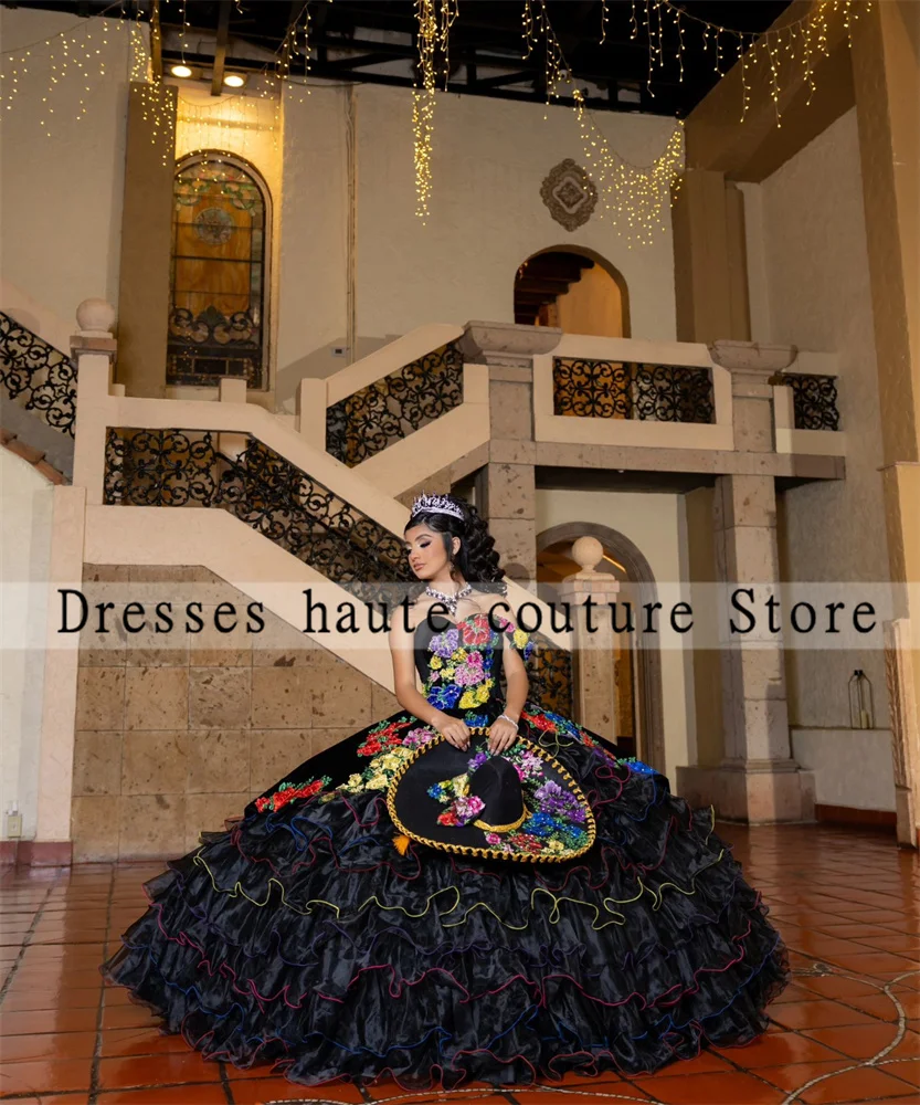 Mexico Black Tulle Quinceanera Dresses 2024 Sweet 16 Dress Flowers Embroidery  Sweet 16 Birthday Party Dress Vestidos De 15 Años