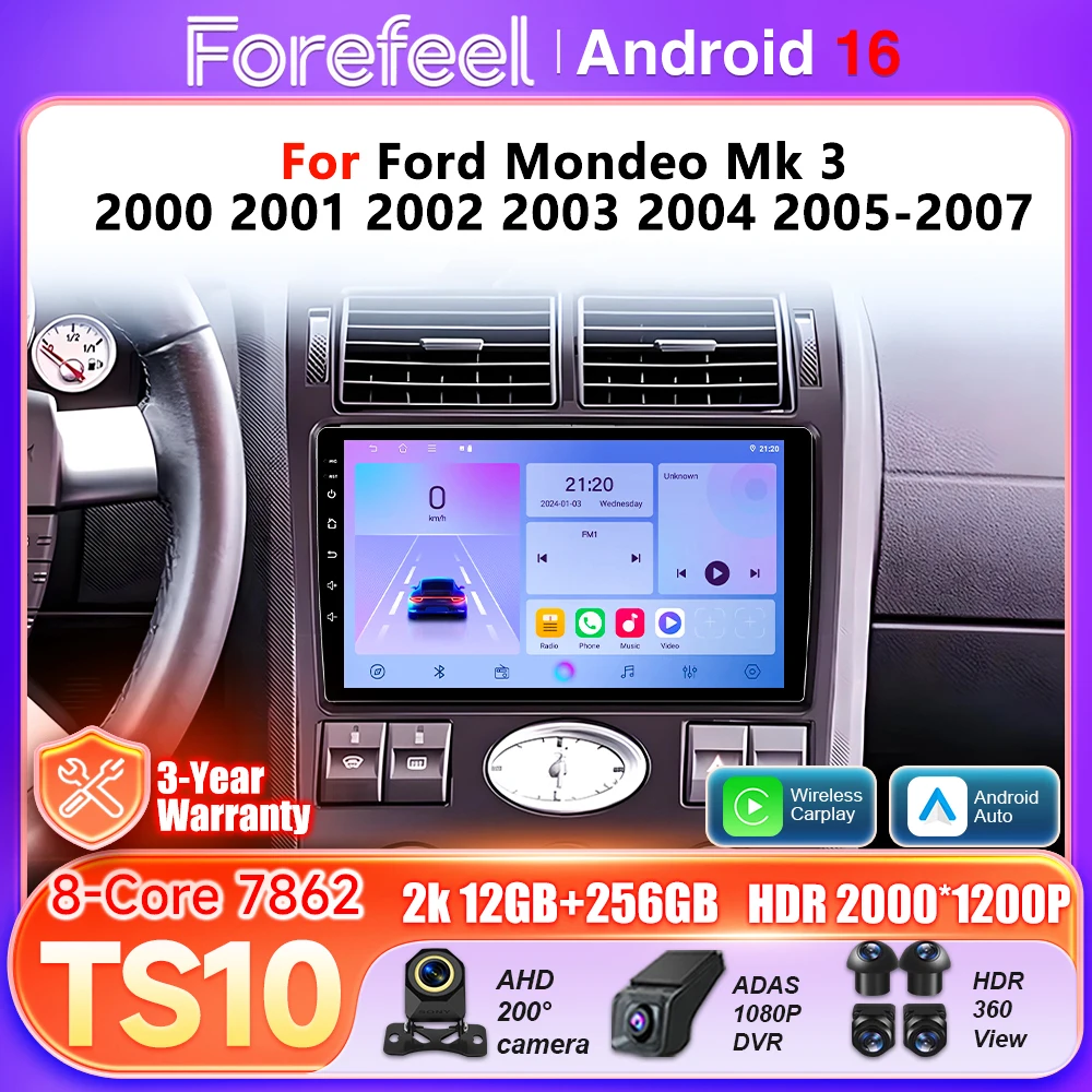 

Android 16 Auto Car Radio For Ford Mondeo Mk 3 2000 2001 2002 - 2007 Carplay Multimedia Player Video BT 5G Wifi GPS DSP Stereo