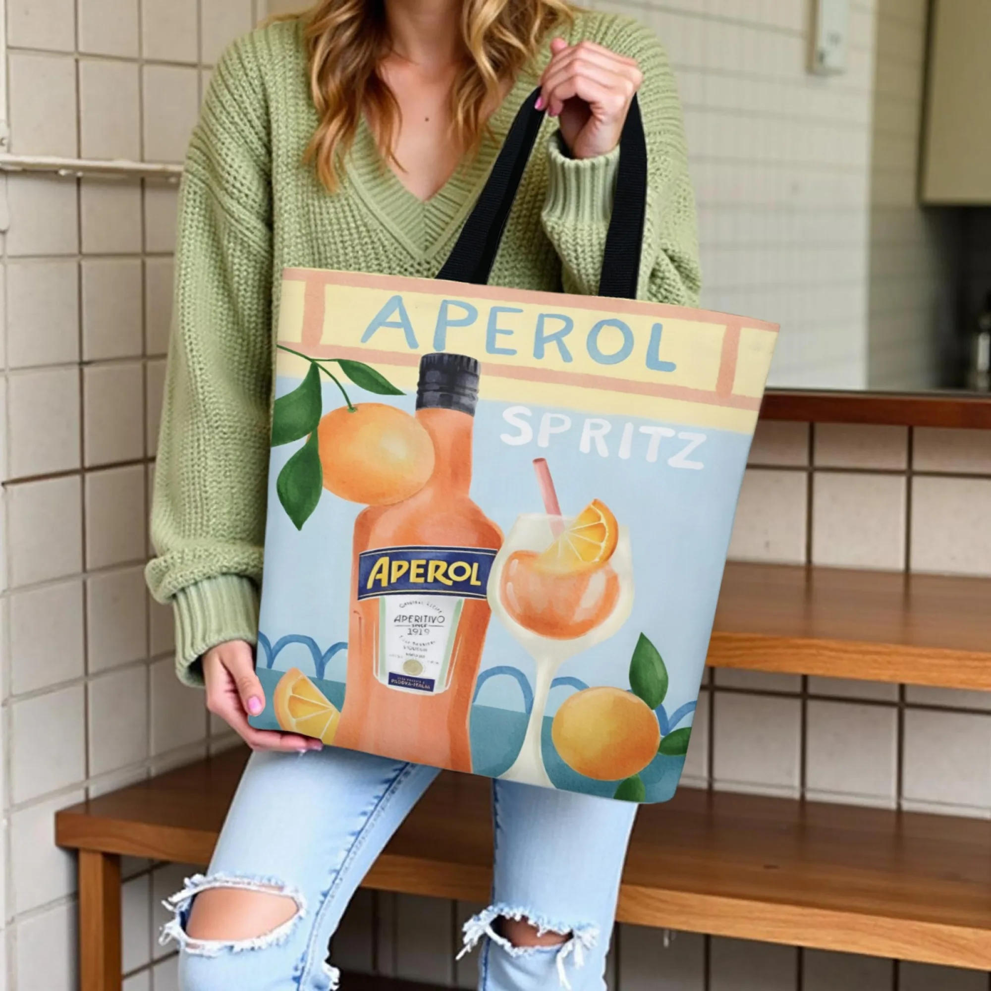 Aperol Spritz Drink-Theme Watercolor Canvas Tote Bag Italian Aperitif Pattern Durable Shoulder Bag Gift for Beverage Enthusiasts