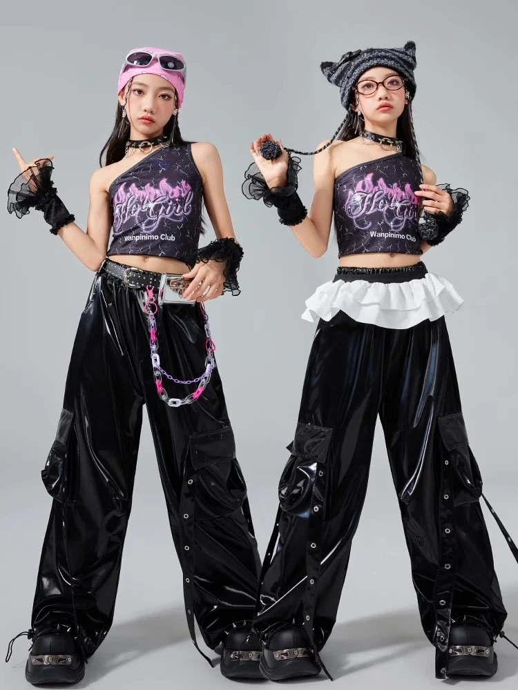 Kpop Jazz Dance Kleidung Hip Hop Kinder Leistung Anzug Sommer Nabel Tops Leder Hosen Mode Laufsteg Zeigen Straße Tragen BL16626