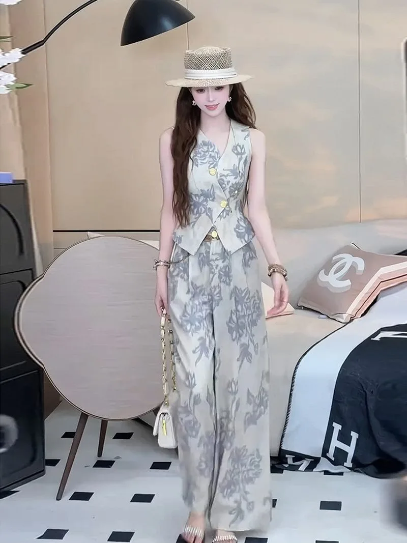 New Vintage Printed Summer Women's Suit Fashion Design Sense Sleeveless Slim V-neck Vest Top + High Waisted Pants Two Piece Set
