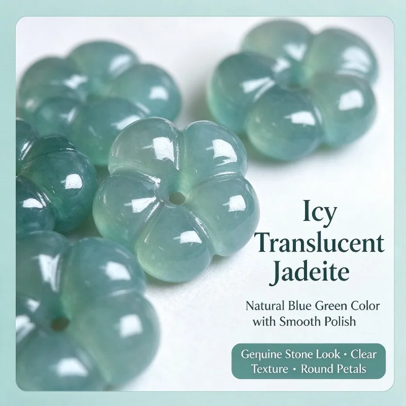 10PC Hand Carved Natural Burma Blue Water Jadeite Five Petal Flower Loose Gemstone Beads DIY Bracelet Earring Making Accessories view 5