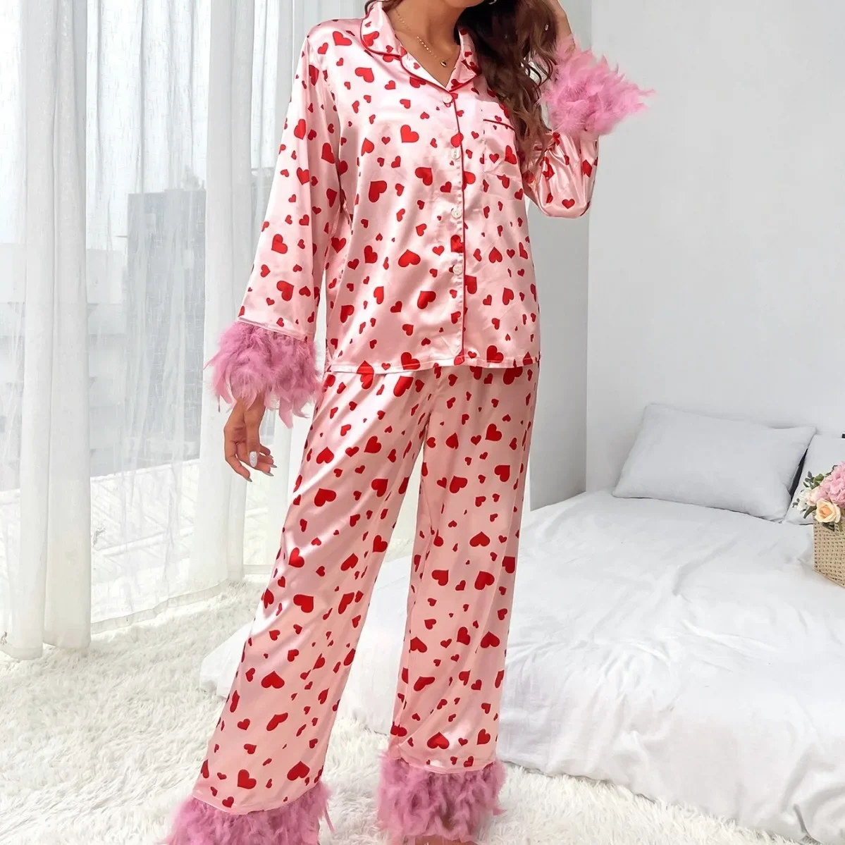 Luxury Feathers Pajamas Set Lounge Wear Spring Autumn Long Sleeve Pijamas Suit Print Love Home Clothes Loose Pyjama Pour Femme