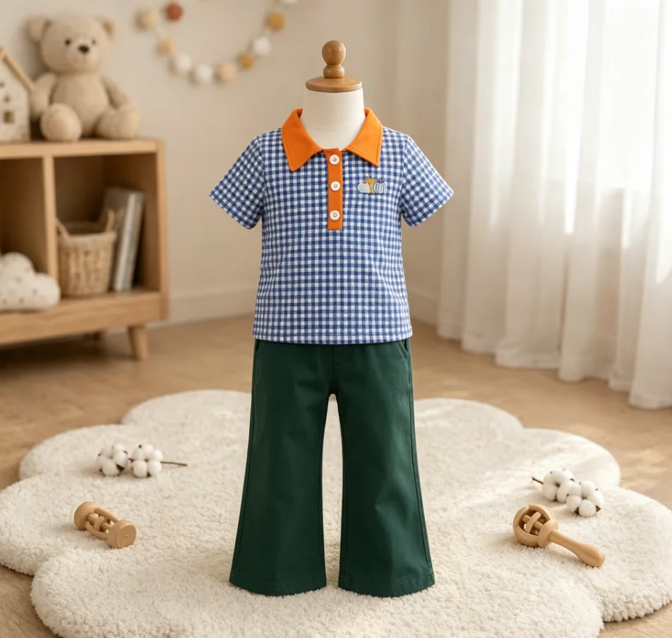 Wholesale Toddler Pullover Thanksgiving Clothes Children Boys Short Sleeve Pumpkin Embroidery Clothing Kids Baby Boy Plaid Shirt