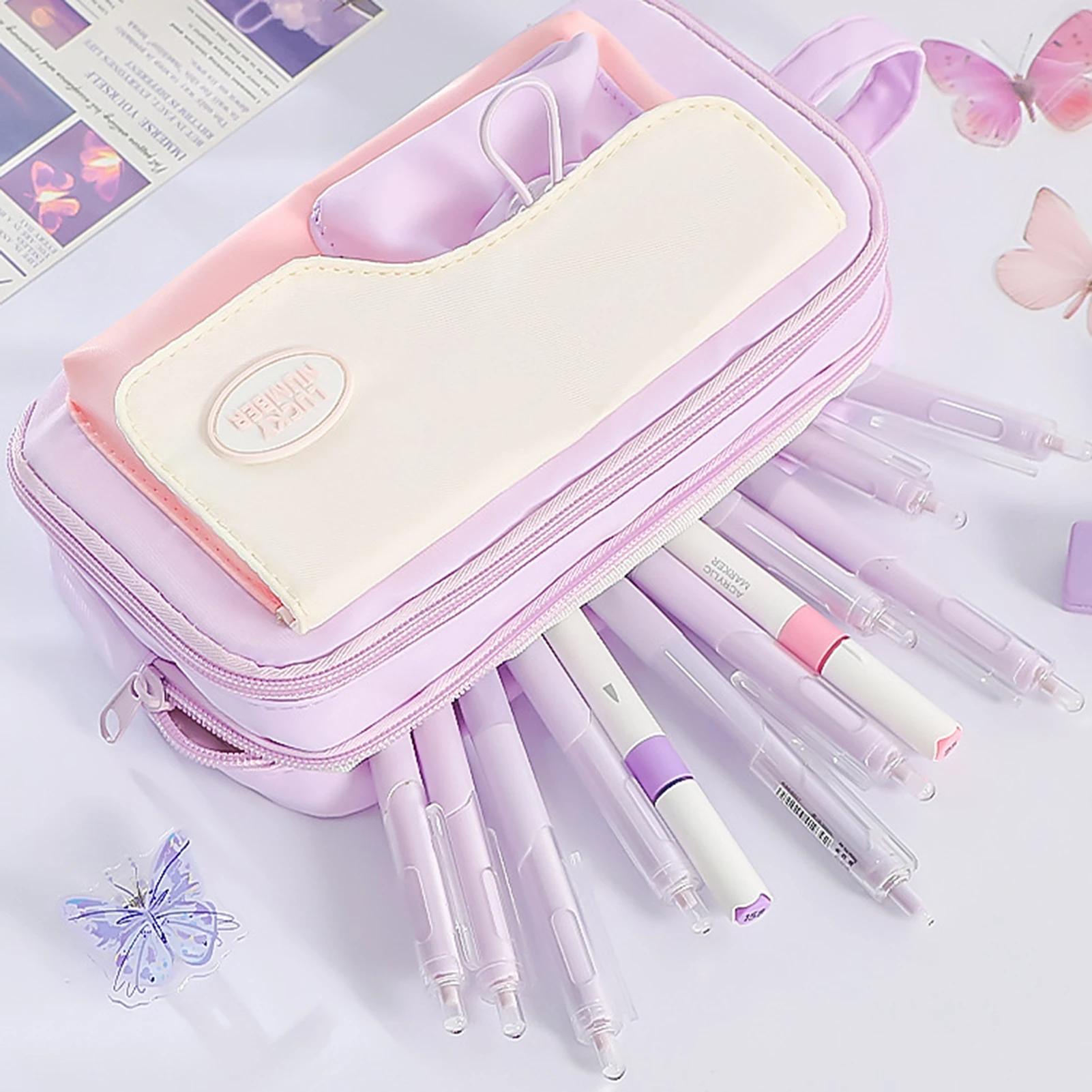 مقلمة معكرون على الطراز الياباني، حقيبة أقلام للفتيات باللون الوردي/الأرجواني، منظم قرطاسية ذو سعة كبيرة للوازم المدرسية للطلاب #2