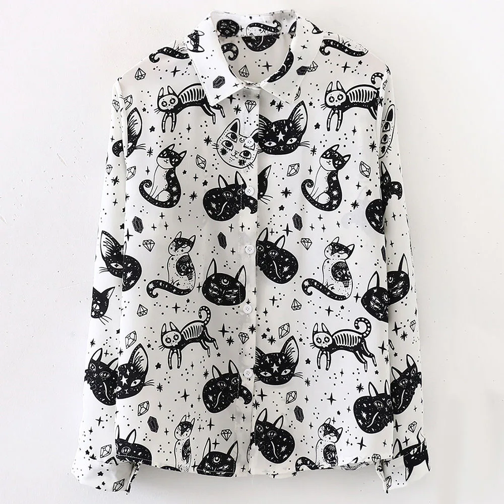 Kitty Print Shirt for Women Long Sleeve Turn-down Collared Button Down Cute Cartoon Blouse Ladies Spring Summer Kawaii Outfit