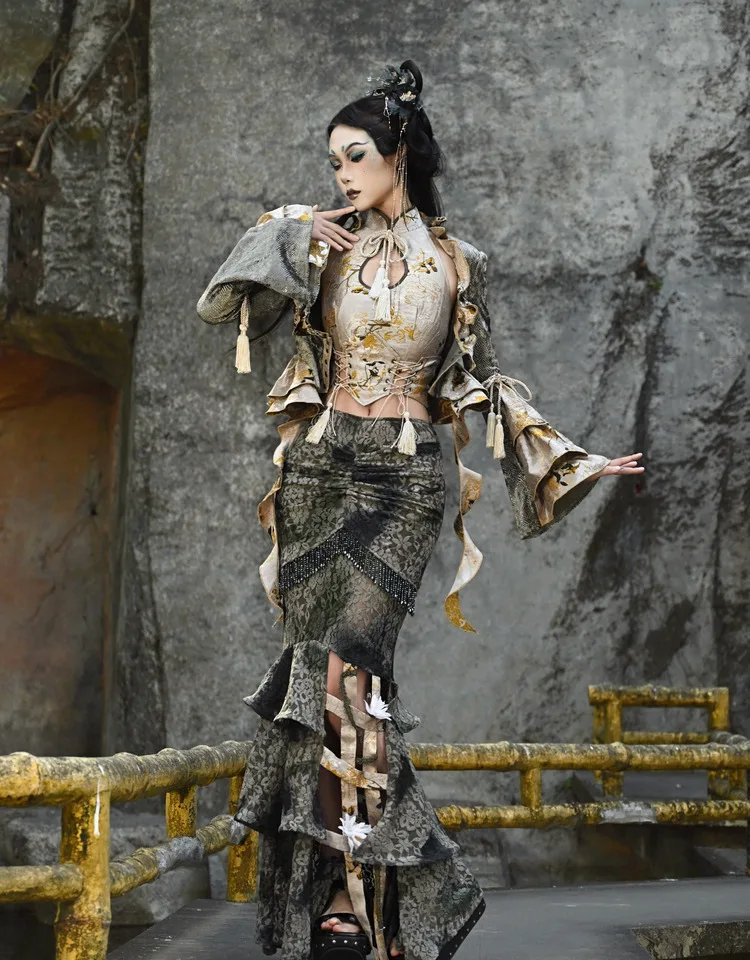 Chinese Tie-dye Slim Lace Fishtail Birdcage Skirt Spring Autumn Street Girls Age-reducing Fashion Fringed Long Irregular Skirts