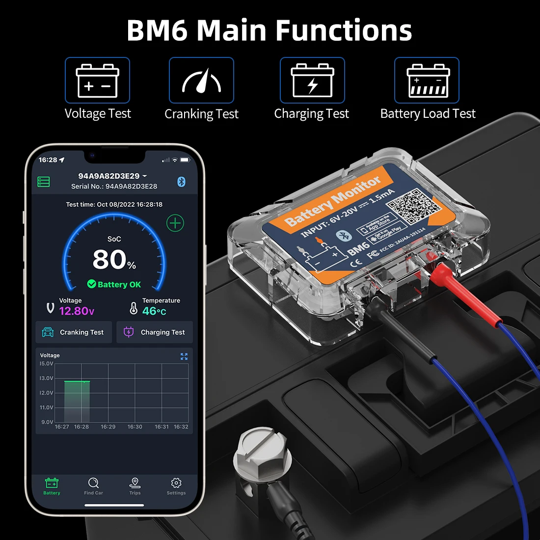 QUICKLYNKS BM6 12V Car Battery Mornitor Battery Load Test Voltage Test Cranking Test Charging Test Battery Health Analyzer Tool