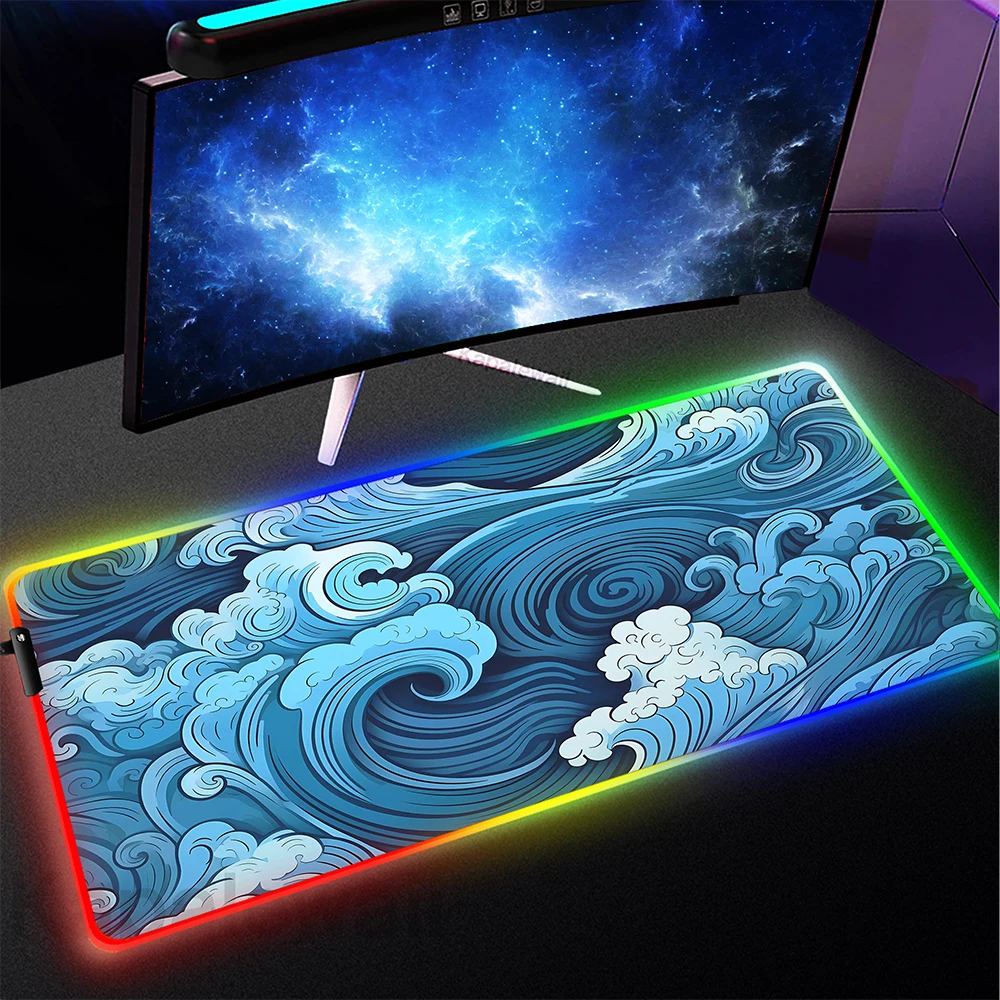 

Japanese Great Wave Off RGB Mousepad Large Mouse Pad Luminous Keyboard Mat Gamer Deskmat LED Game Mouse Mats Gaming Table Carpet