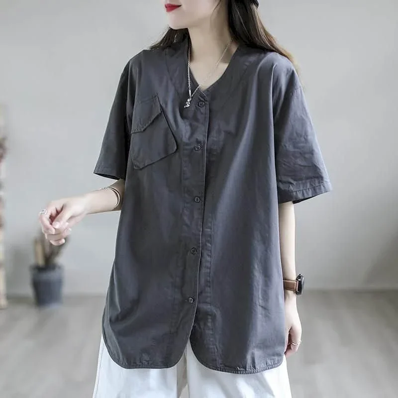 

Рубашки для женщин, хлопковые, большого размера, летние, тонкие, с коротким рукавом, 2024, новые однотонные свободные повседневные корейские модные блузки, женские офисные топы