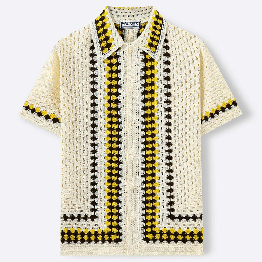 Summer New Men's Striped Hollow-Out Short-Sleeve Shirt American Retro Fashion Trendy Casual Simple Loose Breathable Men's Top