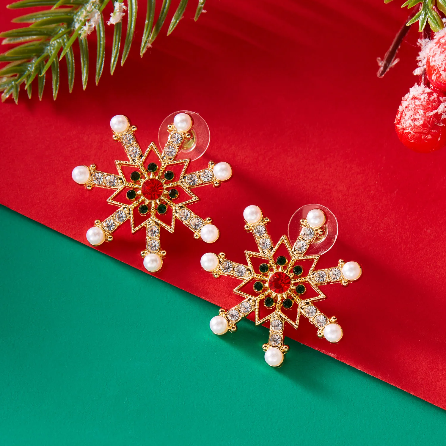 Fashion Imitation Pearl Snowflake Earrings for Women Delicate Colorful Rhinestone Snowflake Stud Earring Christmas Jewelry Gift