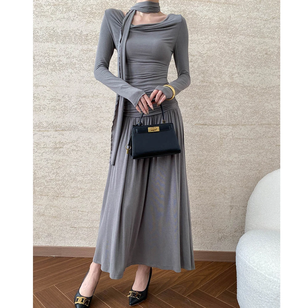 2024 New 65% Cotton And 30% Acrylic Material Autumn Women Long Dress Lace Up Neck Design Long Sleeve Slim Women Maxi Dress