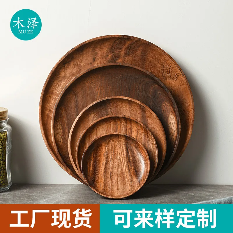 2026 10-24cm Japanese Acacia Wood Round Tray Fruit Plate Solid Wood Plate Restaurant Home Accessories Decorative Cake Plate Hot