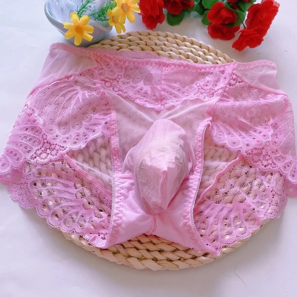 

Man's Pink Breifs See Through Lace Convex Pouch Panties Live Show Dance Sexy Costumes DJ Club Bar Private Party Cos Harajuku BF