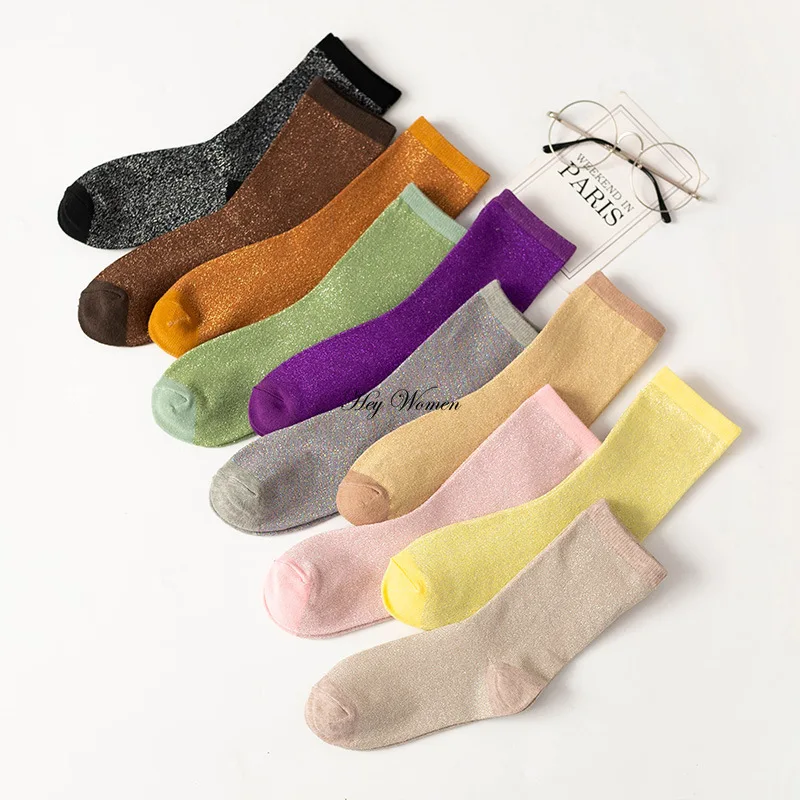 1 Pair Glitter Fashion Women's Socks Japanese Style Cotton Solid Color Mid Tube Sock Trendy Breathable Comfort Hosiery