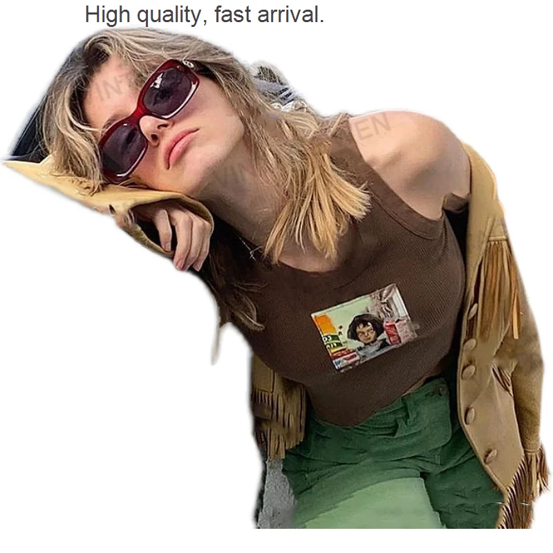 

Brown American Retro Coffee Color Printed Slim-Fit Short Sleeveless Vest Women's Summer Sling