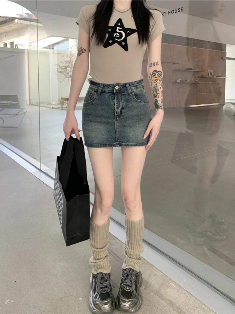 

Американская ретро-юбка из денима с эффектом потертости, женская юбка с высокой талией, облегающая юбка больших размеров, короткая юбка с защитой от просвечивания