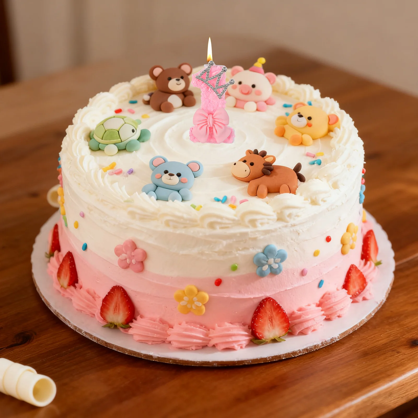 1St Birthday Pink Number One Cake Topper Bow Crown Design For Decor Graduation Celebration Numeric Candles